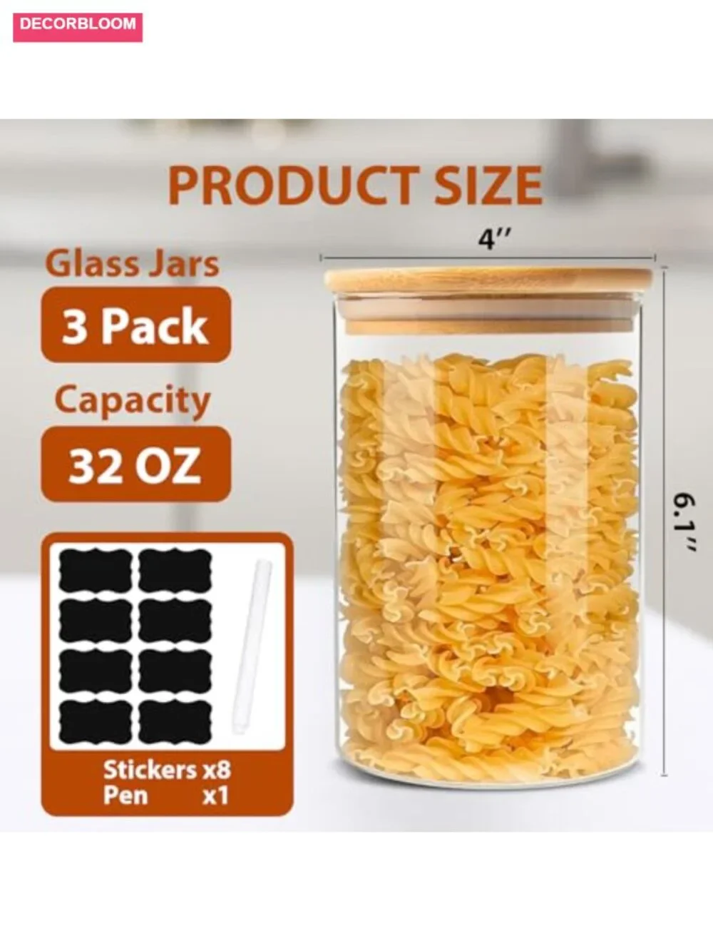 3 Pack Glass Food Storage Jars with Bamboo Lids, Airtight 32 Oz Canisters